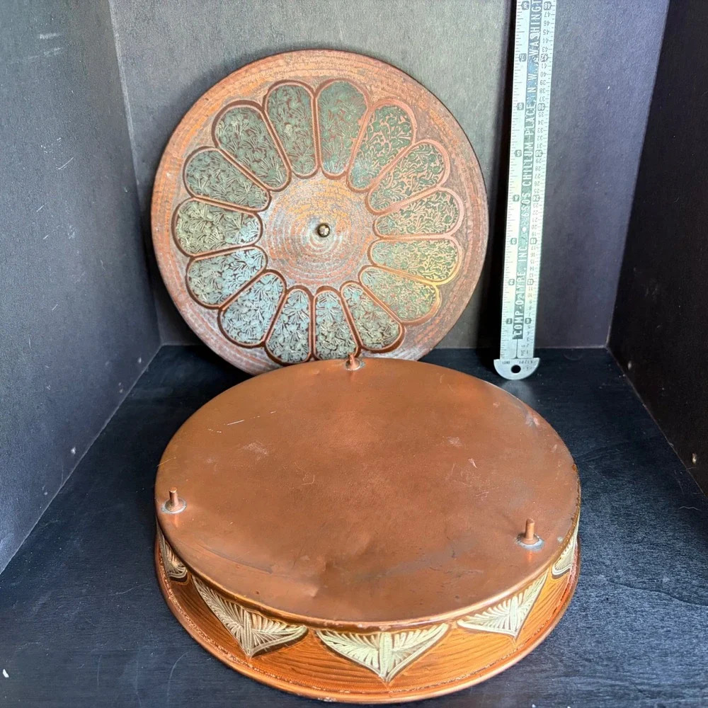Vintage Etched Copper Trinket Box Verdigris Patina Floral Footed Keepsake 8in